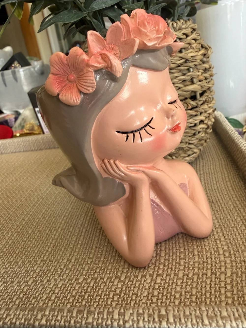 Pink Floral Crown Girl Planter - Decorative Home Accent